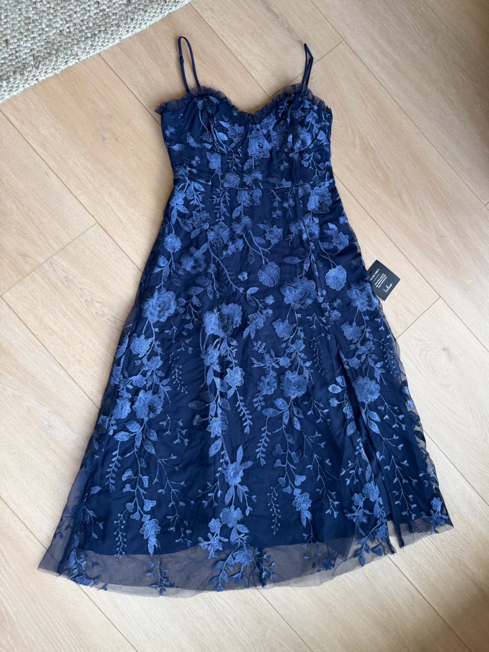 Lulus Charmingly Sophisticated Navy Blue Tulle Embroidered Midi Dress